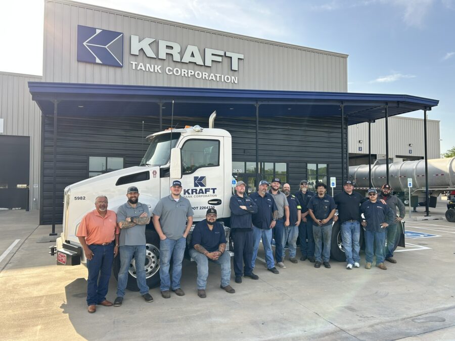 Kraft Tank semi truck picking up customer trailer for service in Oklahoma City